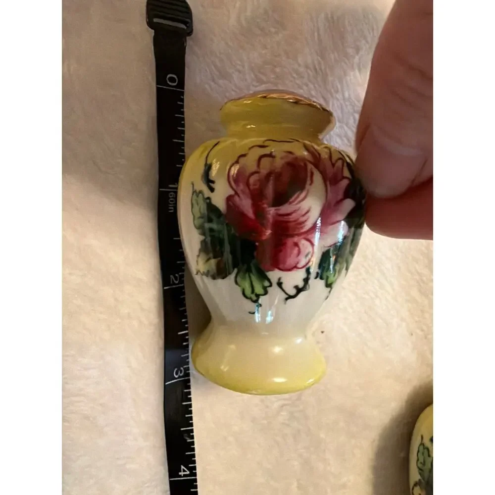 Vintage Hand Painted Rose Porcelain Salt & Pepper Shakers Pair Cork Stoppers